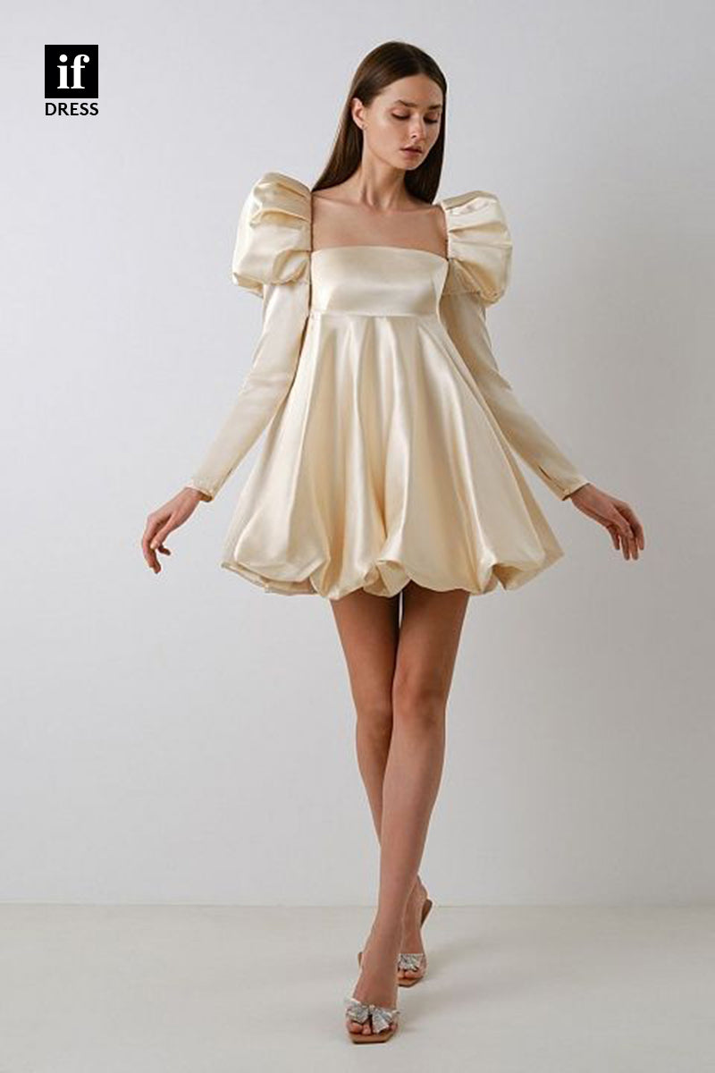 F1706 - Elegant Long Sleeves A-Line Ruched Satin Short Cocktail Homecoming Party Dress