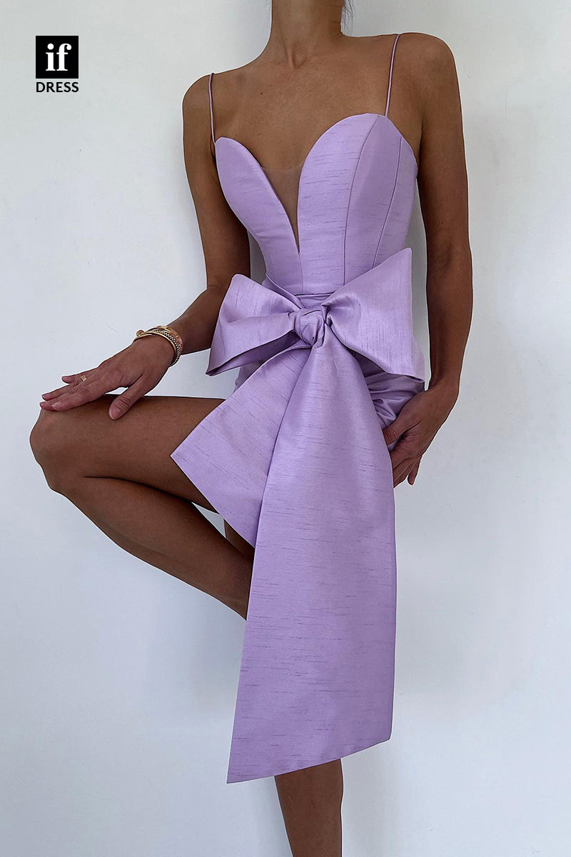 F1709 - Unique Spaghetti Straps V-Neck Bow-Knot Mini Cocktail Homecoming Party Dress