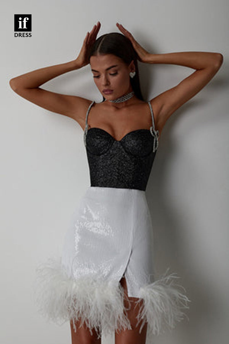 F1712 - Chic Straps Sweetheart Feathers Short Cocktail Homecoming Party Dress