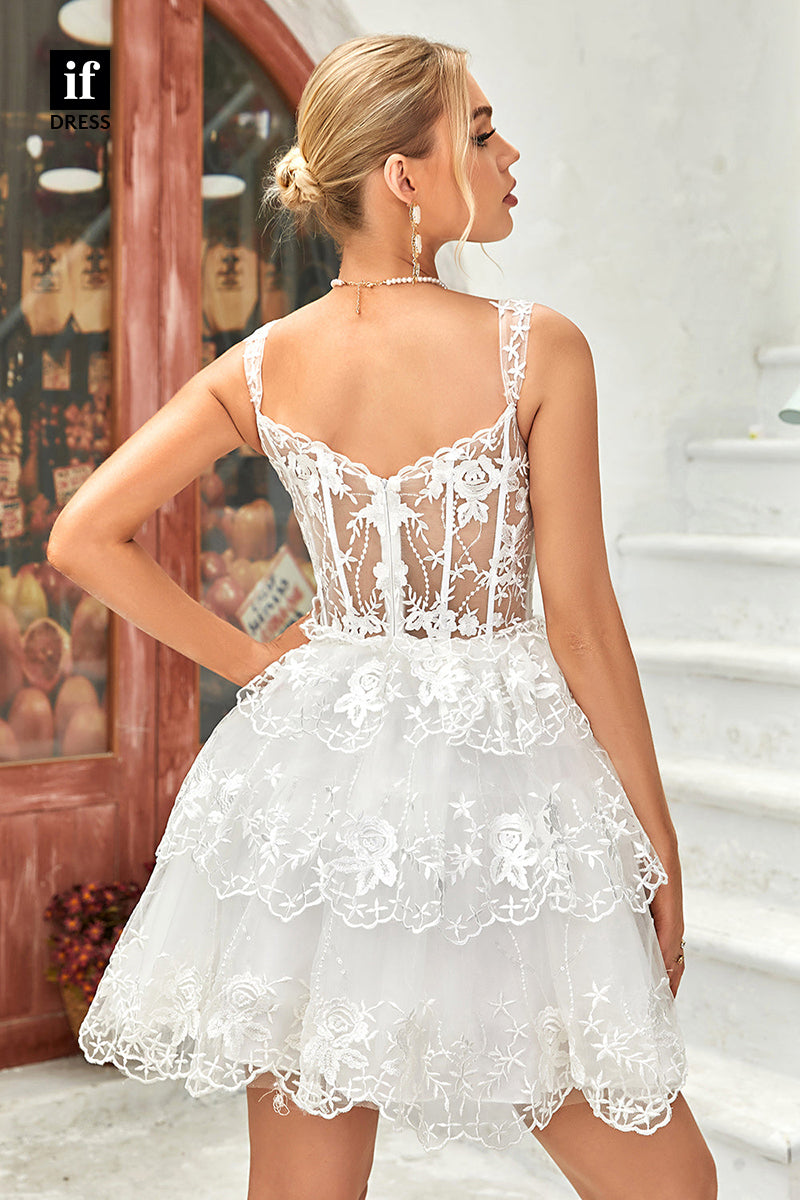 F1714 - Sweet A-Line Tiered Appliques V-Neck Short Cocktail Homecoming Party Dress