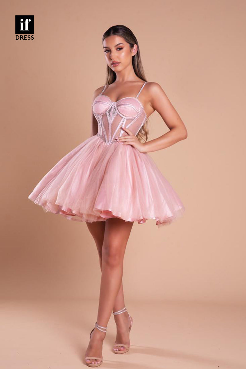 F1723 - A-Line Straps Sweetheart Tulle Short Cocktail Homecoming Party Dress