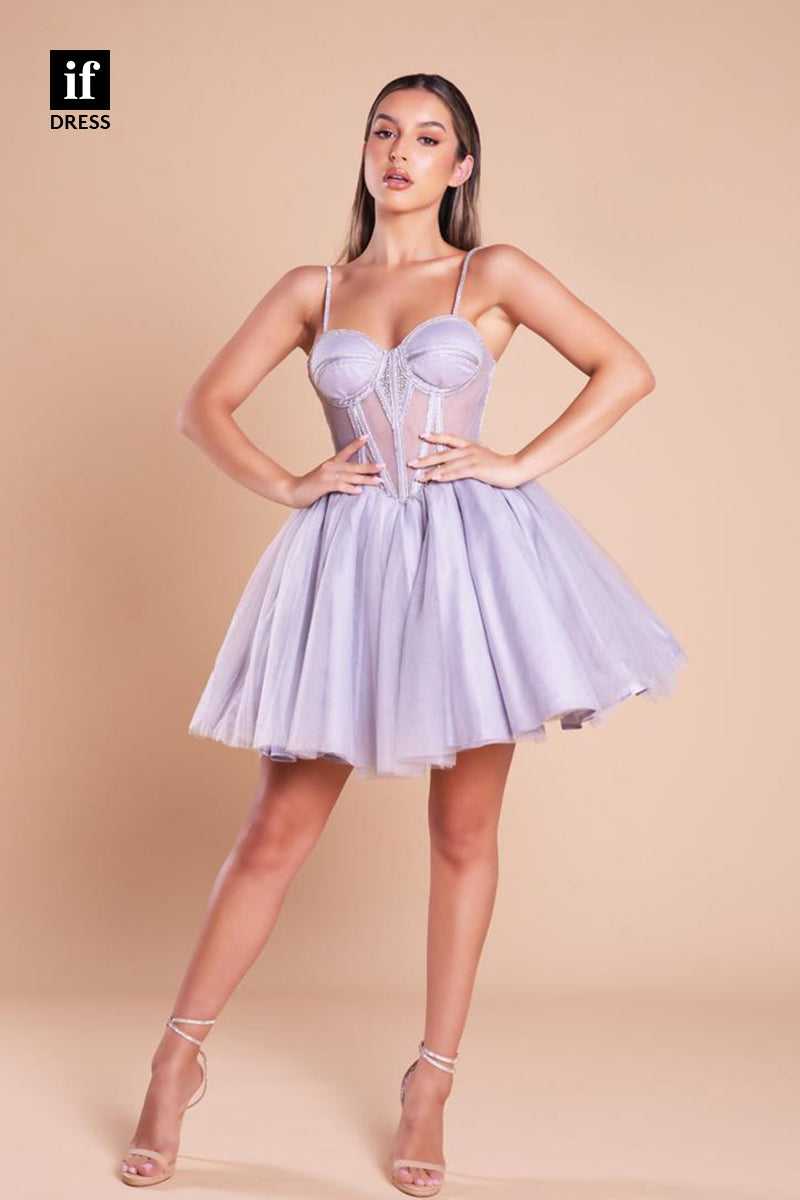 F1723 - A-Line Straps Sweetheart Tulle Short Cocktail Homecoming Party Dress