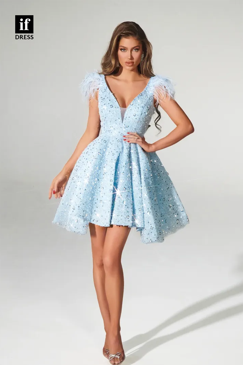 F1745 - Sweet A-Line Straps V-Neck Feathers Short Cocktail Homecoming Party Dress