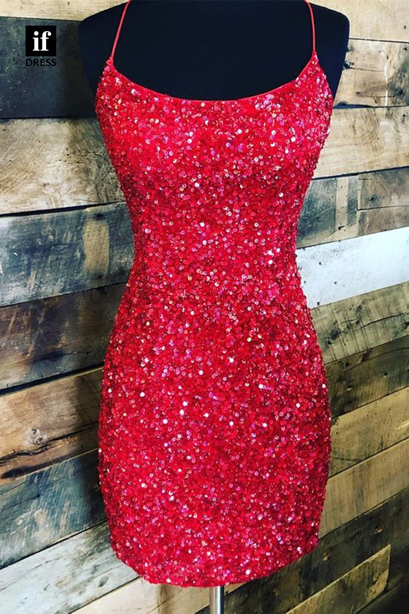 F1748 - Sparkly Scoop Full Sequins Tight Short Cocktail Homecoming Party Dress