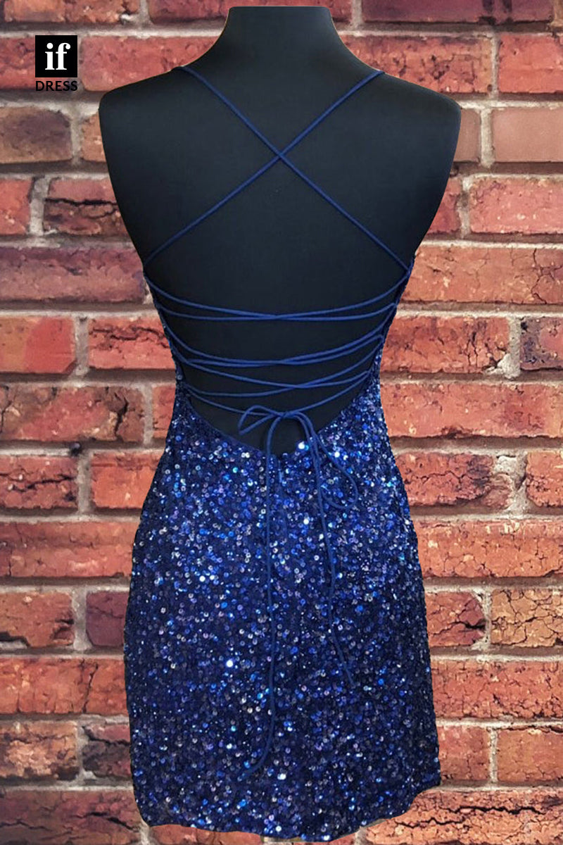 F1748 - Sparkly Scoop Full Sequins Tight Short Cocktail Homecoming Party Dress