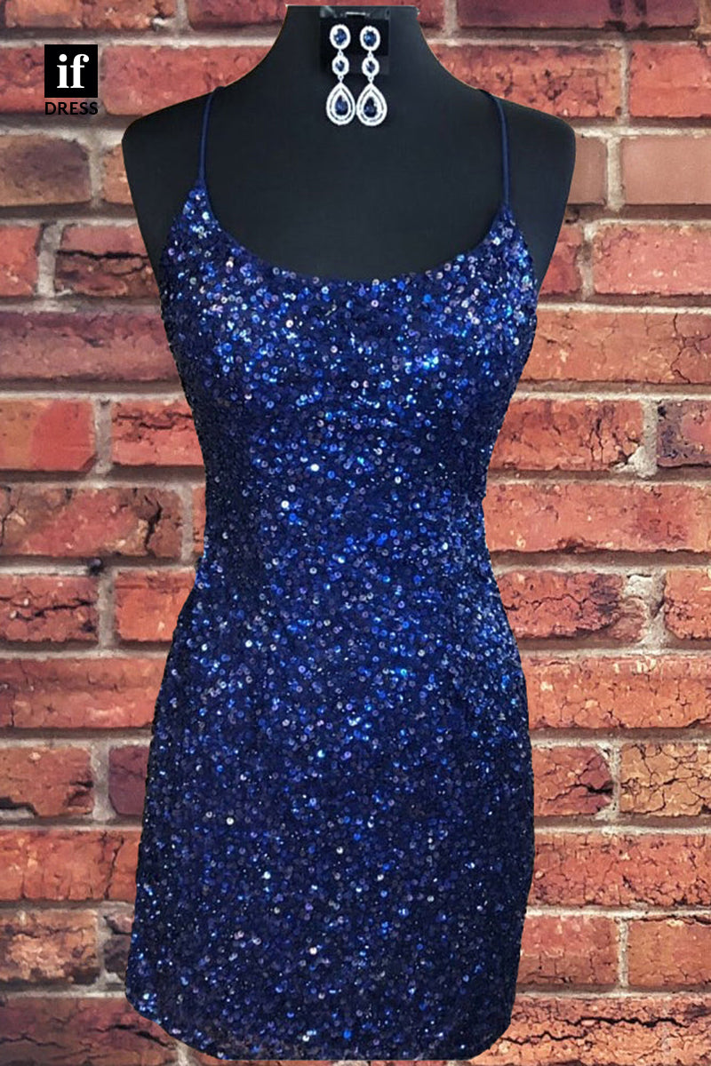 F1748 - Sparkly Scoop Full Sequins Tight Short Cocktail Homecoming Party Dress