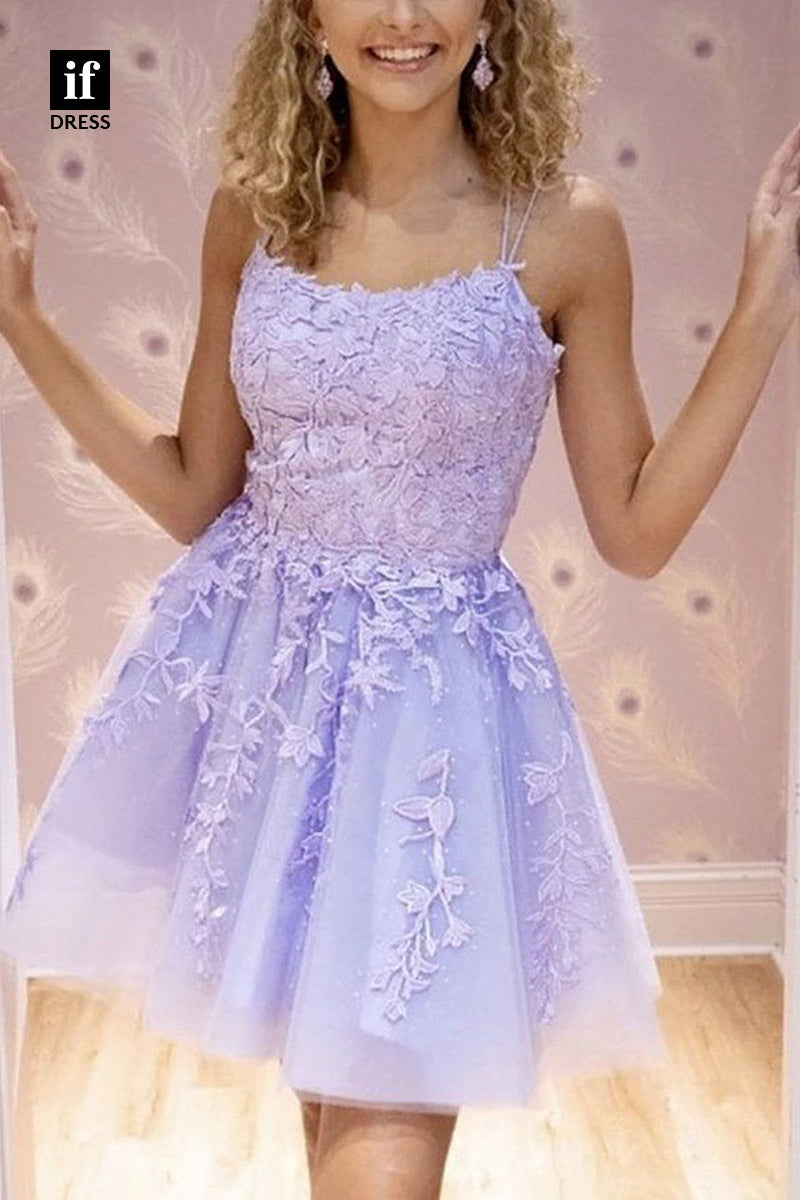 F1749 - Sweet A-Line Scoop Lace Appliques Short Cocktail Homecoming Party Dress