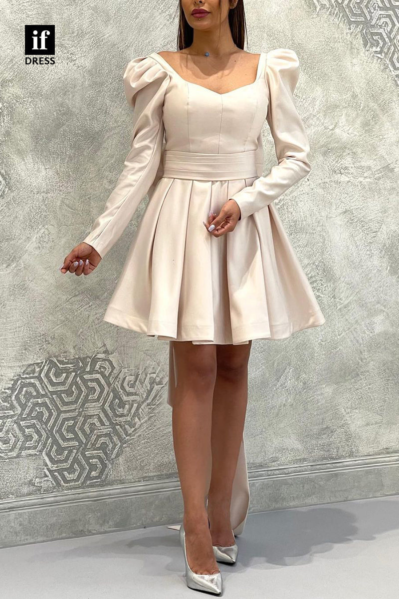 F1759 - Classy Long Sleeves A-Line Ruched Bows Short Cocktail Homecoming Party Dress