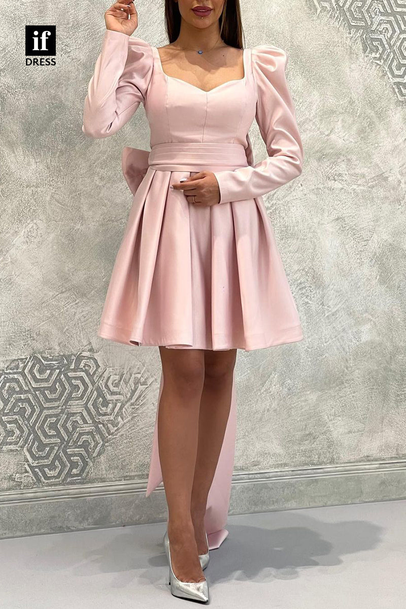 F1759 - Classy Long Sleeves A-Line Ruched Bows Short Cocktail Homecoming Party Dress