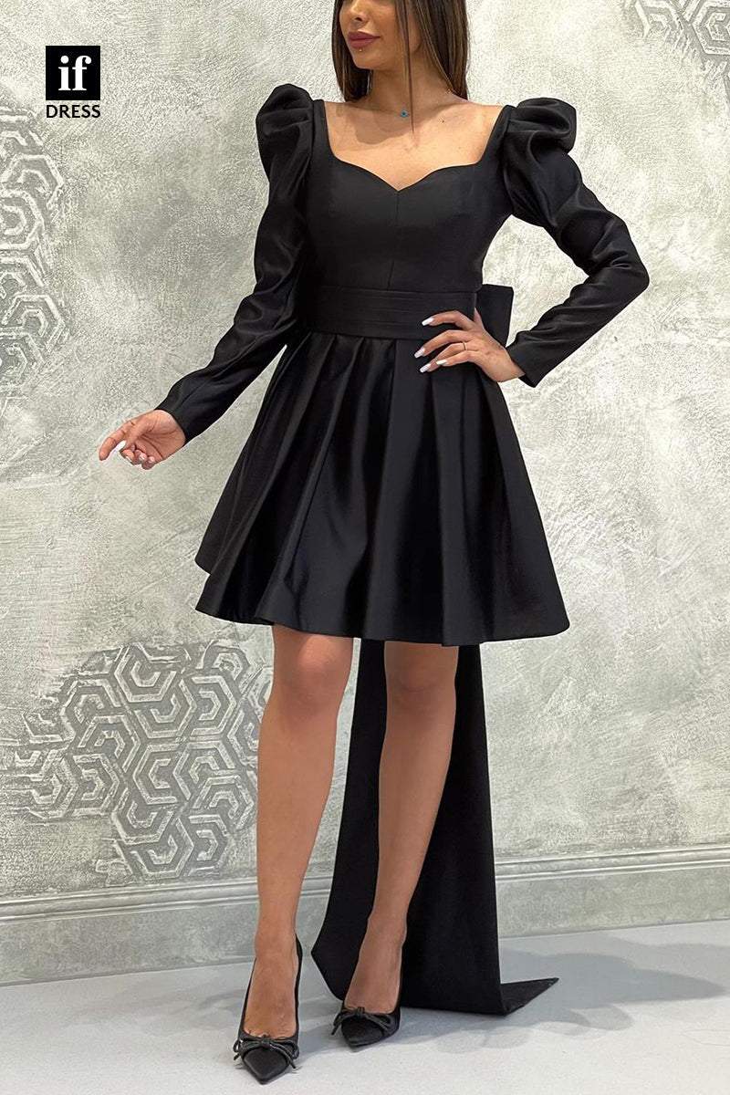 F1759 - Classy Long Sleeves A-Line Ruched Bows Short Cocktail Homecoming Party Dress