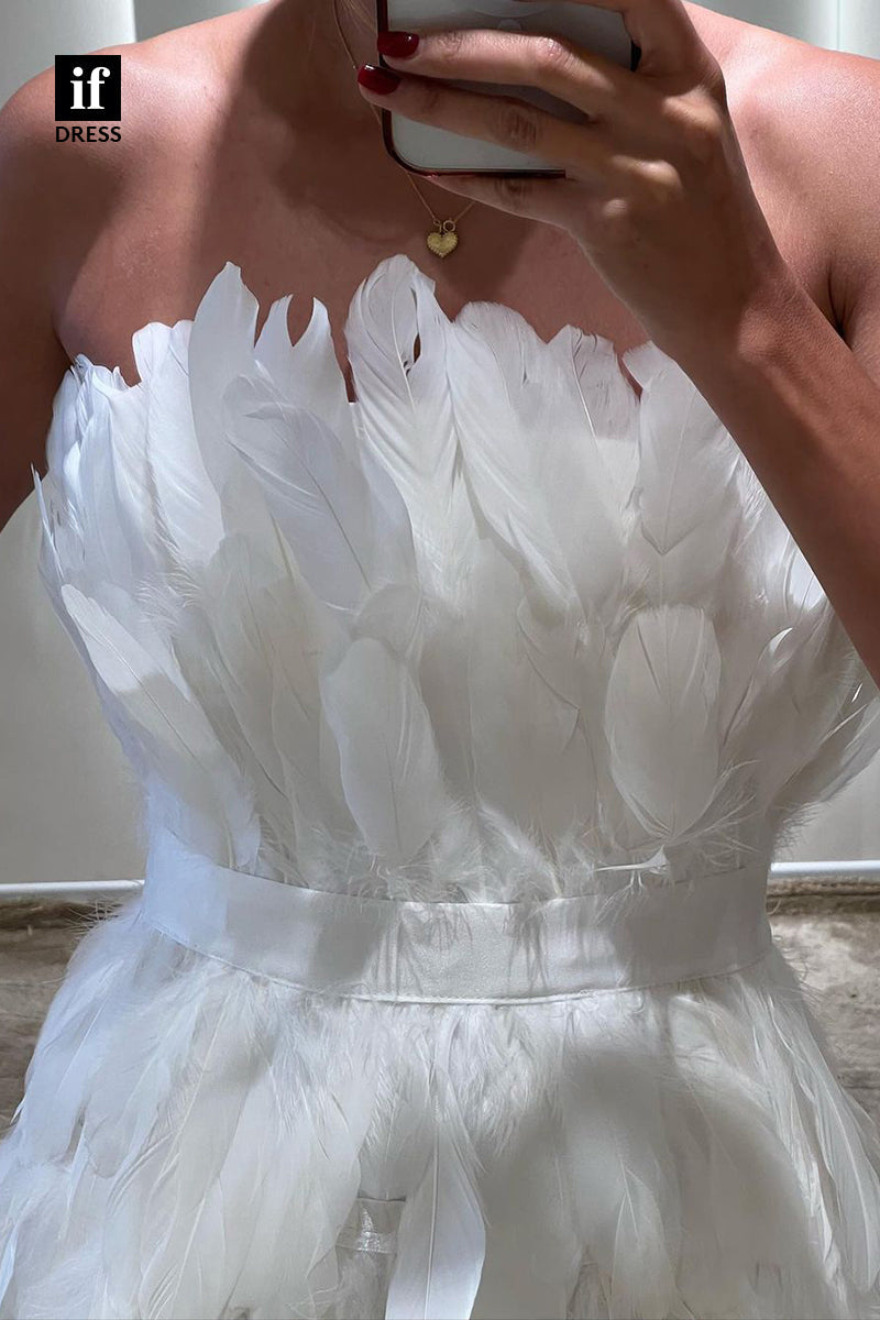 F1764 - Unique Strapless Feathers Sleeveless Short Cocktail Homecoming Party Dress