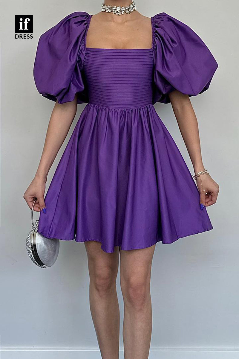 F1767 - Chic A-Line Puff Sleeves Ruched Satin Short Homecoming Party Dress with Bow-Knot