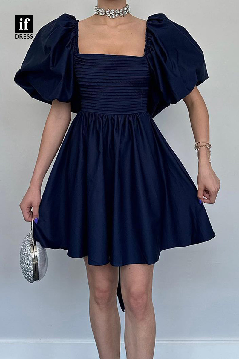 F1767 - Chic A-Line Puff Sleeves Ruched Satin Short Homecoming Party Dress with Bow-Knot