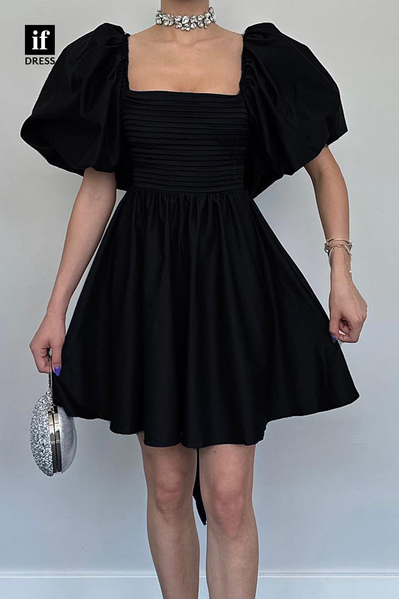 F1767 - Chic A-Line Puff Sleeves Ruched Satin Short Homecoming Party Dress with Bow-Knot