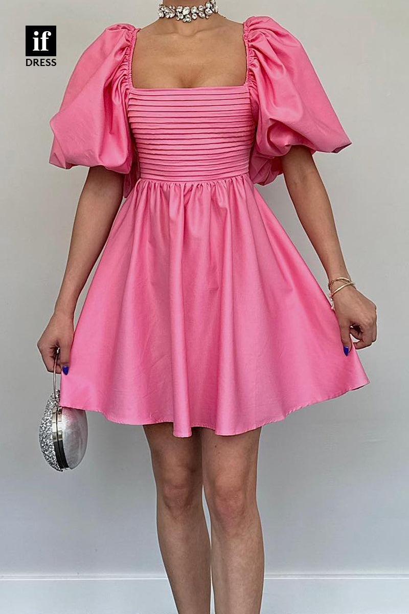 F1767 - Chic A-Line Puff Sleeves Ruched Satin Short Homecoming Party Dress with Bow-Knot