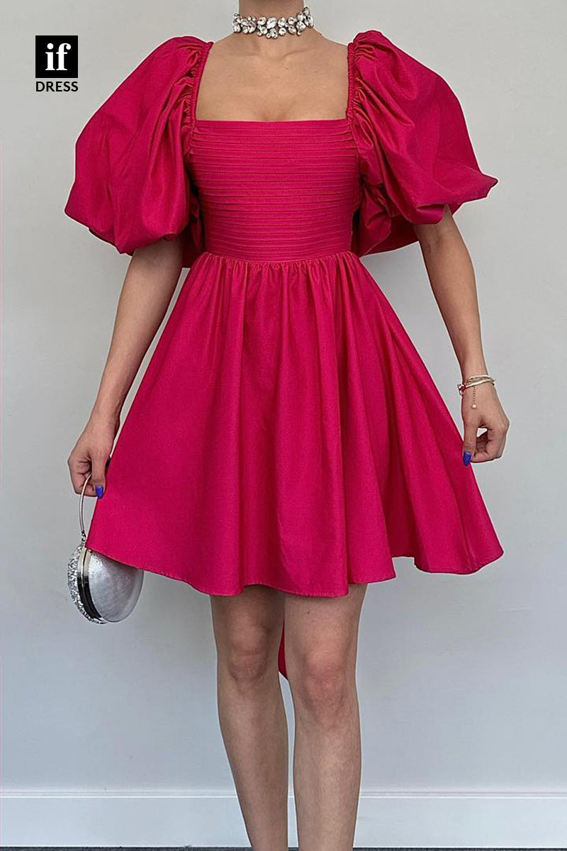 F1767 - Chic A-Line Puff Sleeves Ruched Satin Short Homecoming Party Dress with Bow-Knot