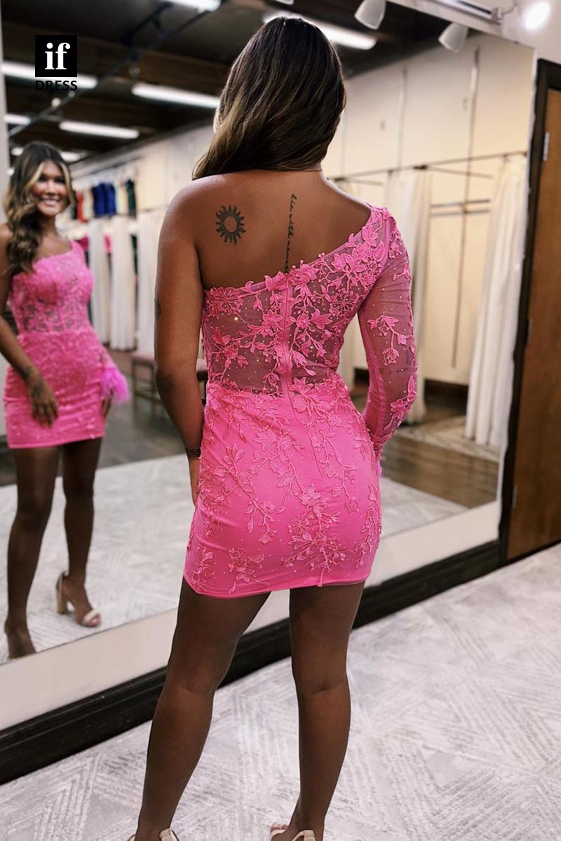 F1775 - Unique One Shoulder Appliques Tight Short Cocktail Homecoming Party Dress