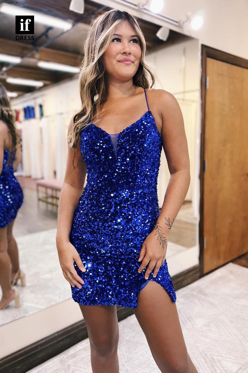 F1777 - Sparkly Straps V-Neck Full Sequins Tight Short Cocktail Homecoming Party Dress