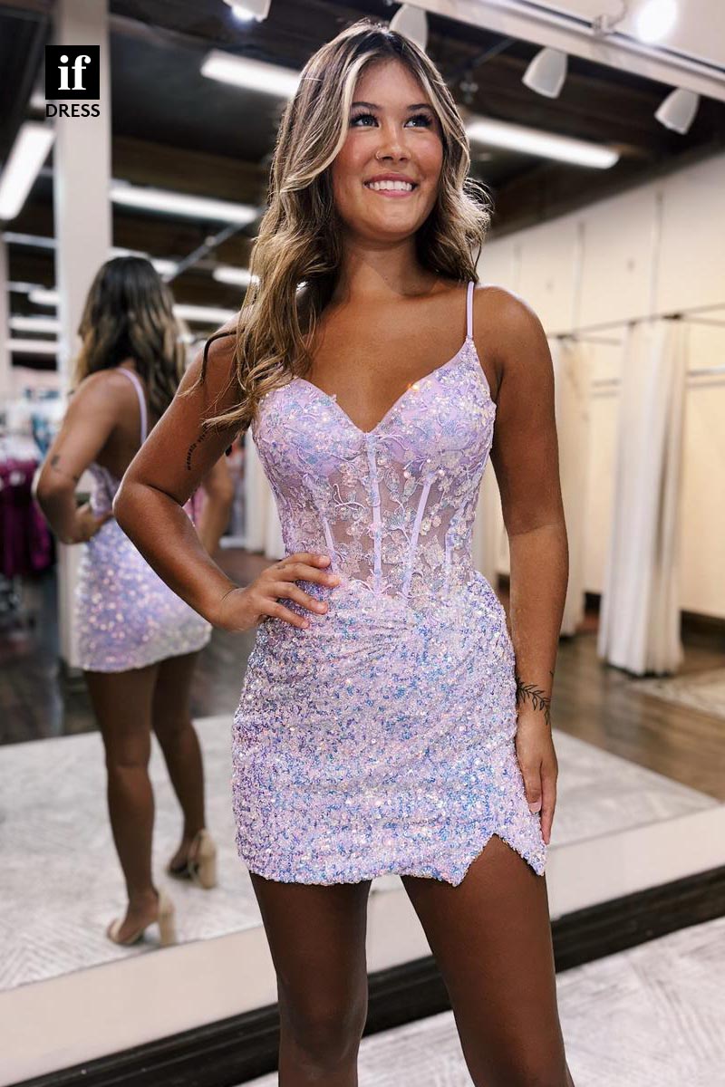 F1783 - Attractive Straps V-Neck Appliques Tight Short Cocktail Homecoming Party Dress