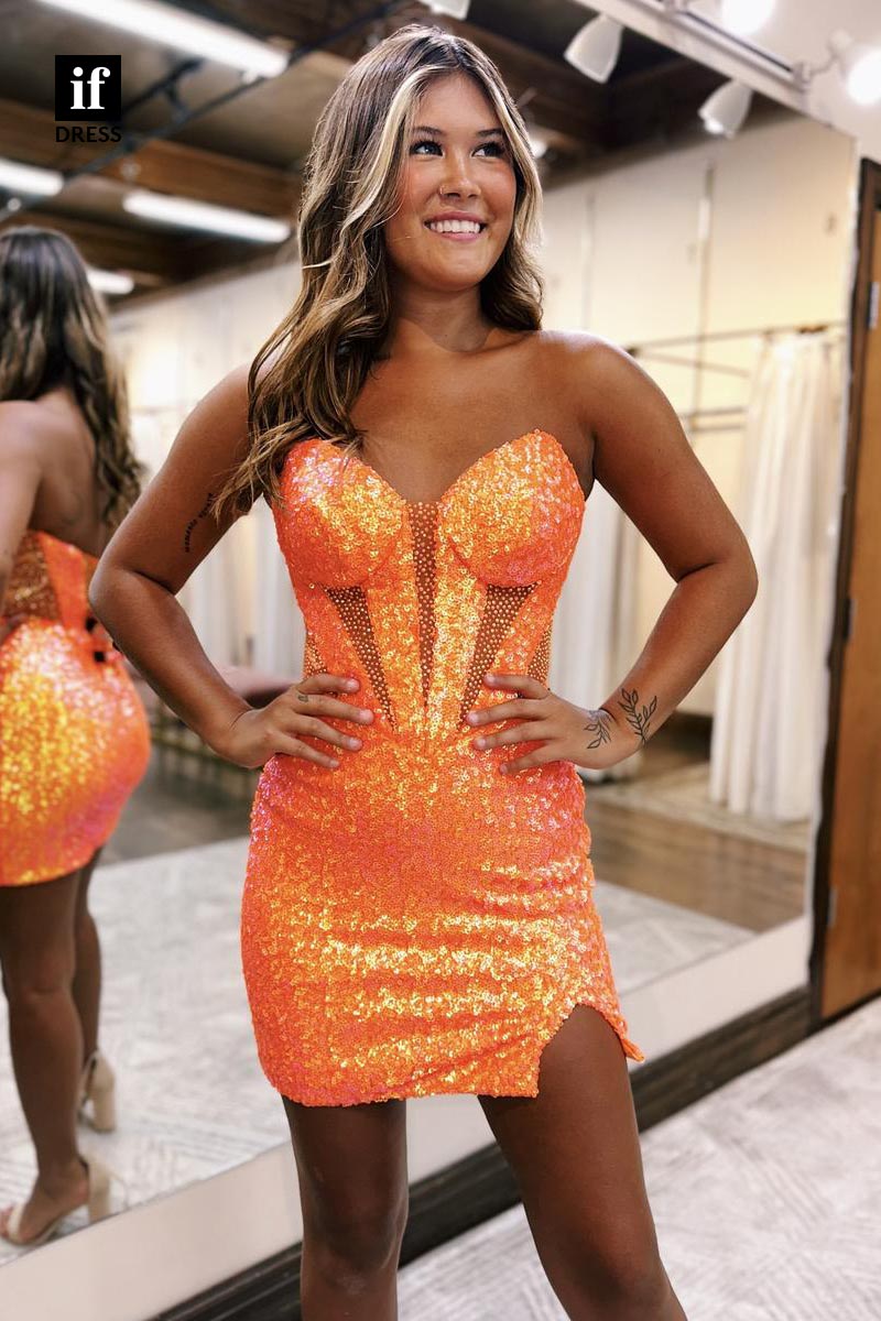 F1784 - Strapless V-Necl Sleeveless Sequins Tight Short Cocktail Homecoming Party Dress