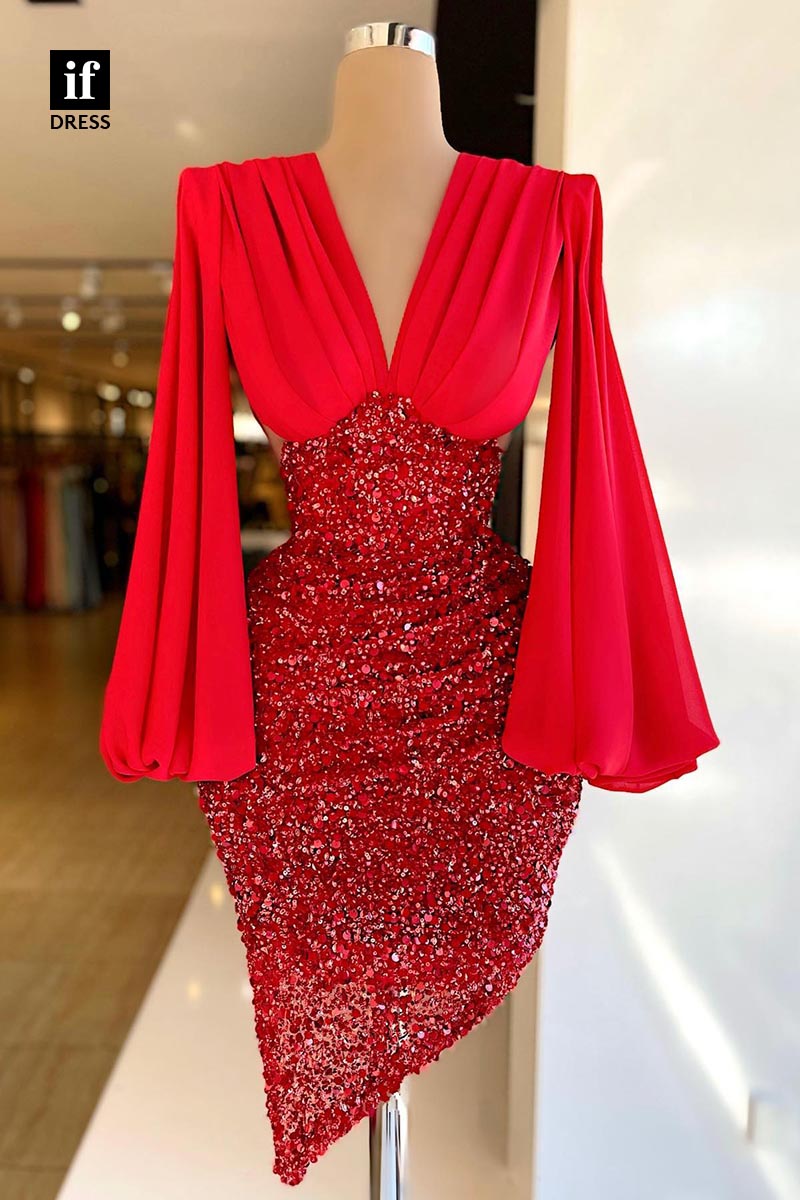 F1813 - Mature V-Neck Long Sleeves Sequins Short Cocktail Homecoming Party Dress