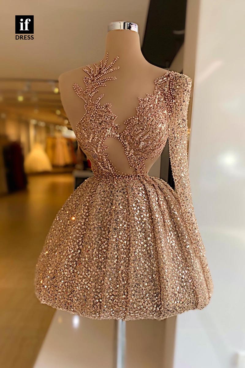 F1818 - Glamorous A-Line Long Sleeves Sequins Short Cocktail Homecoming Party Dress