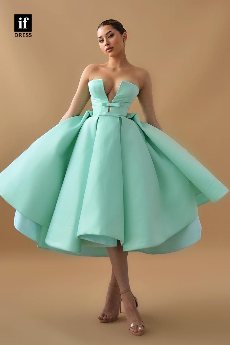 F1845 - Adorable Strapless V-Neck Ruched Satin Knee-Length Prom Homecoming Dress