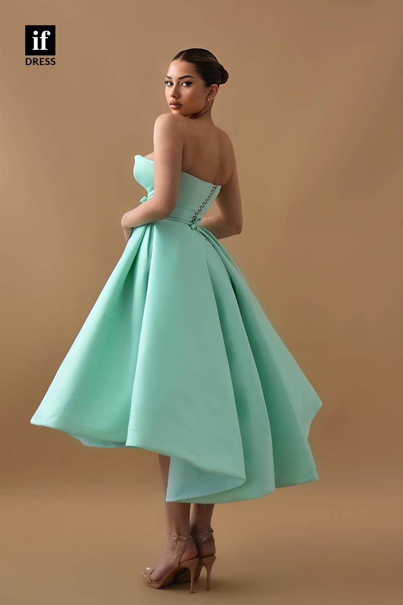 F1845 - Adorable Strapless V-Neck Ruched Satin Knee-Length Prom Homecoming Dress