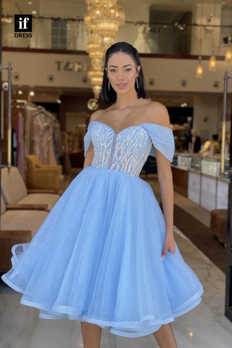 F1882 - Adorable Off-Shoulder A-Line Knee-Length Prom Cocktail Homecoming Party Dress