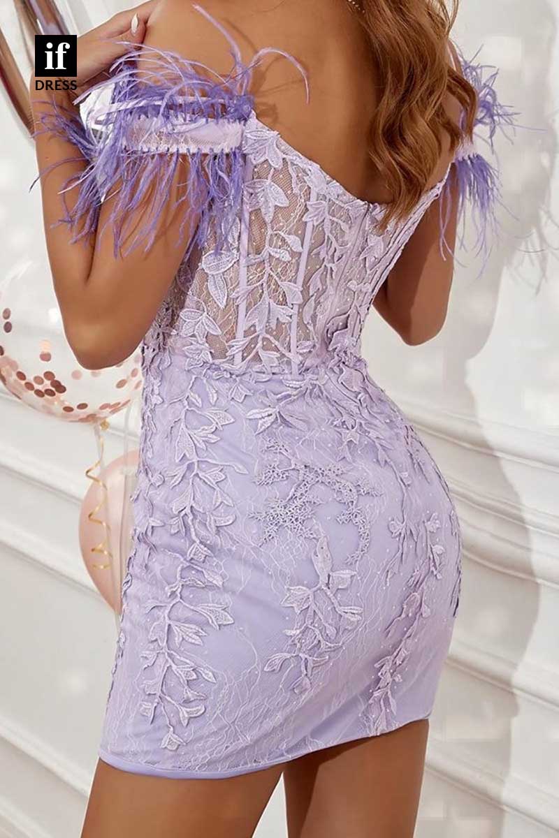 F1885 - Popular Straps Lace Appliques Feathers Tight Cocktail Homecoming Party Dress