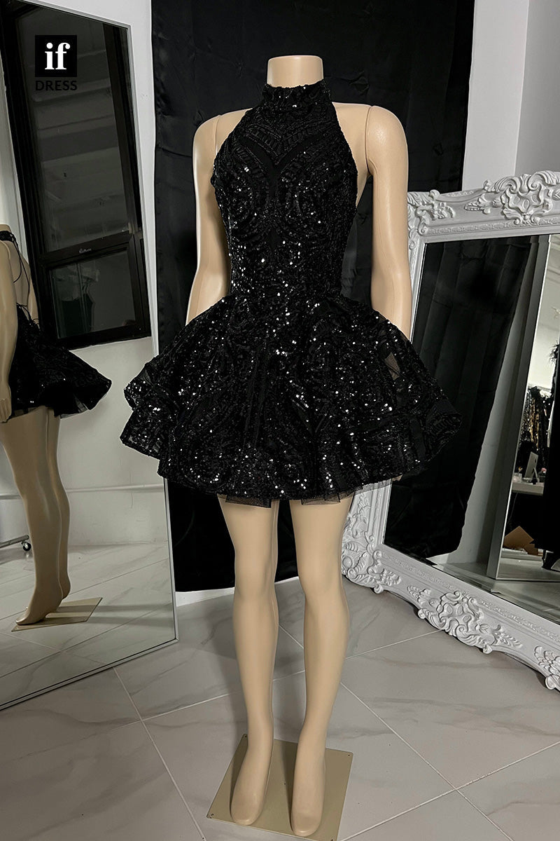 F1901 - Classic High Neck Sequins Appliques Short Homecoming Dress For Black Women