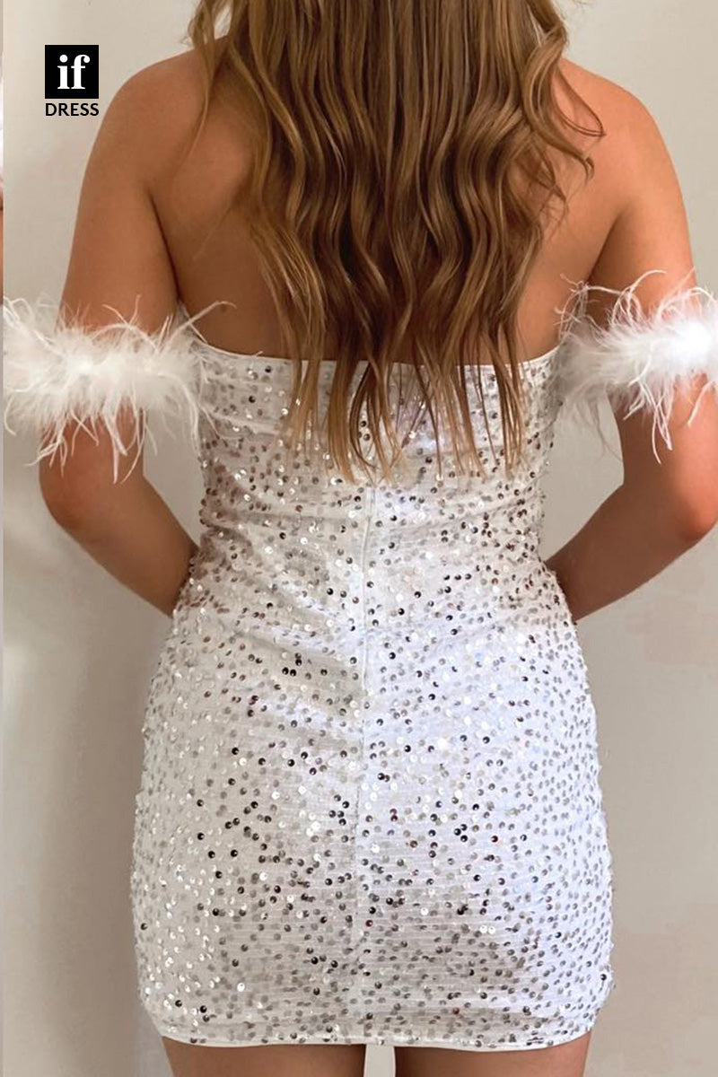 F1904 - Sparkly Off-Shoulder Full Sequins Feathers Tight Cocktail Homecoming Party Dress