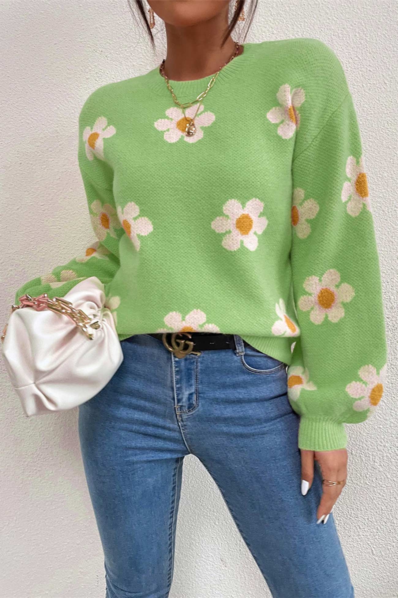 Floral Embroidery Crew Neck Sweater