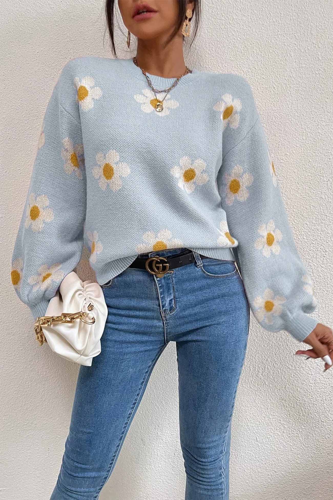 Floral Embroidery Crew Neck Sweater