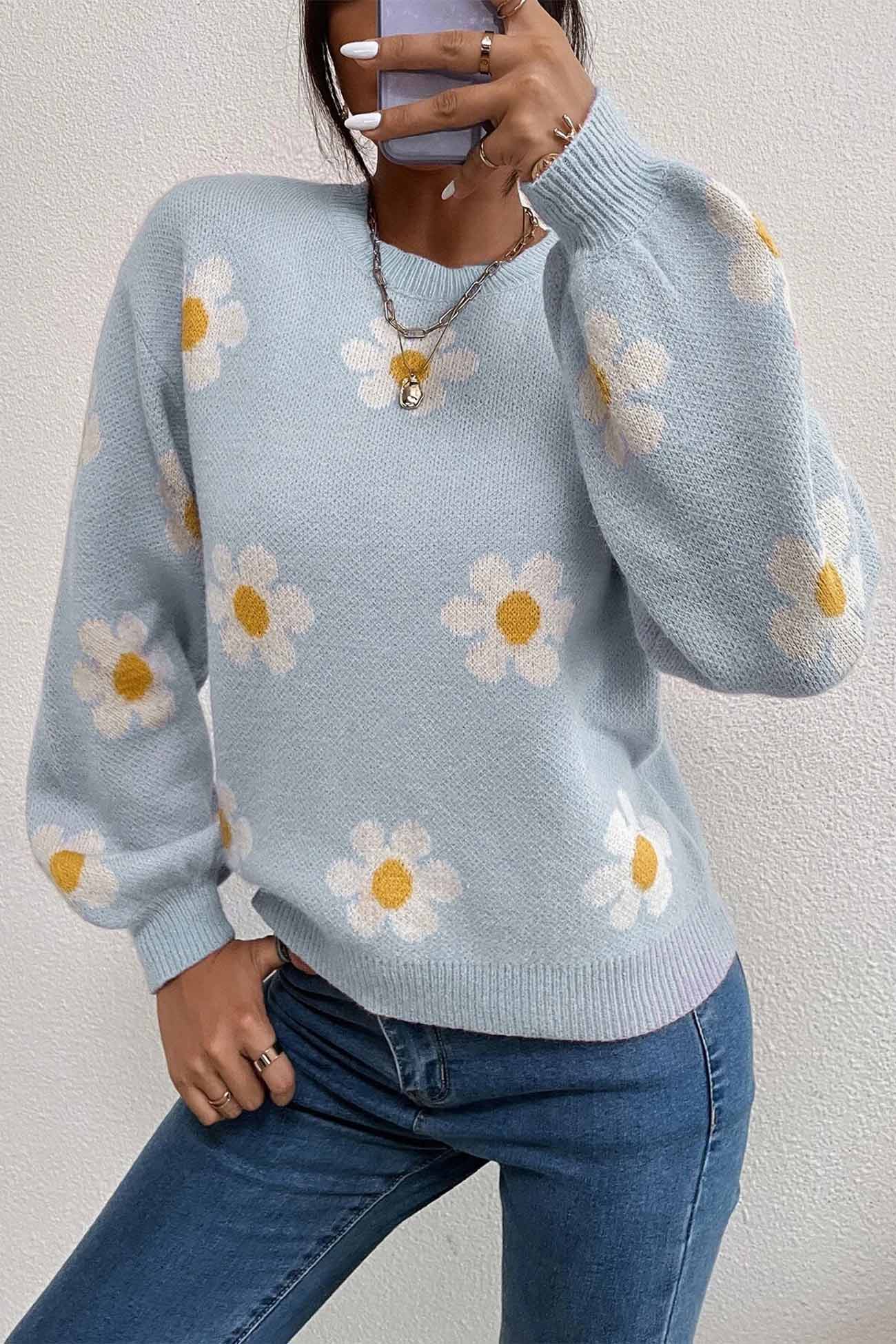 Floral Embroidery Crew Neck Sweater