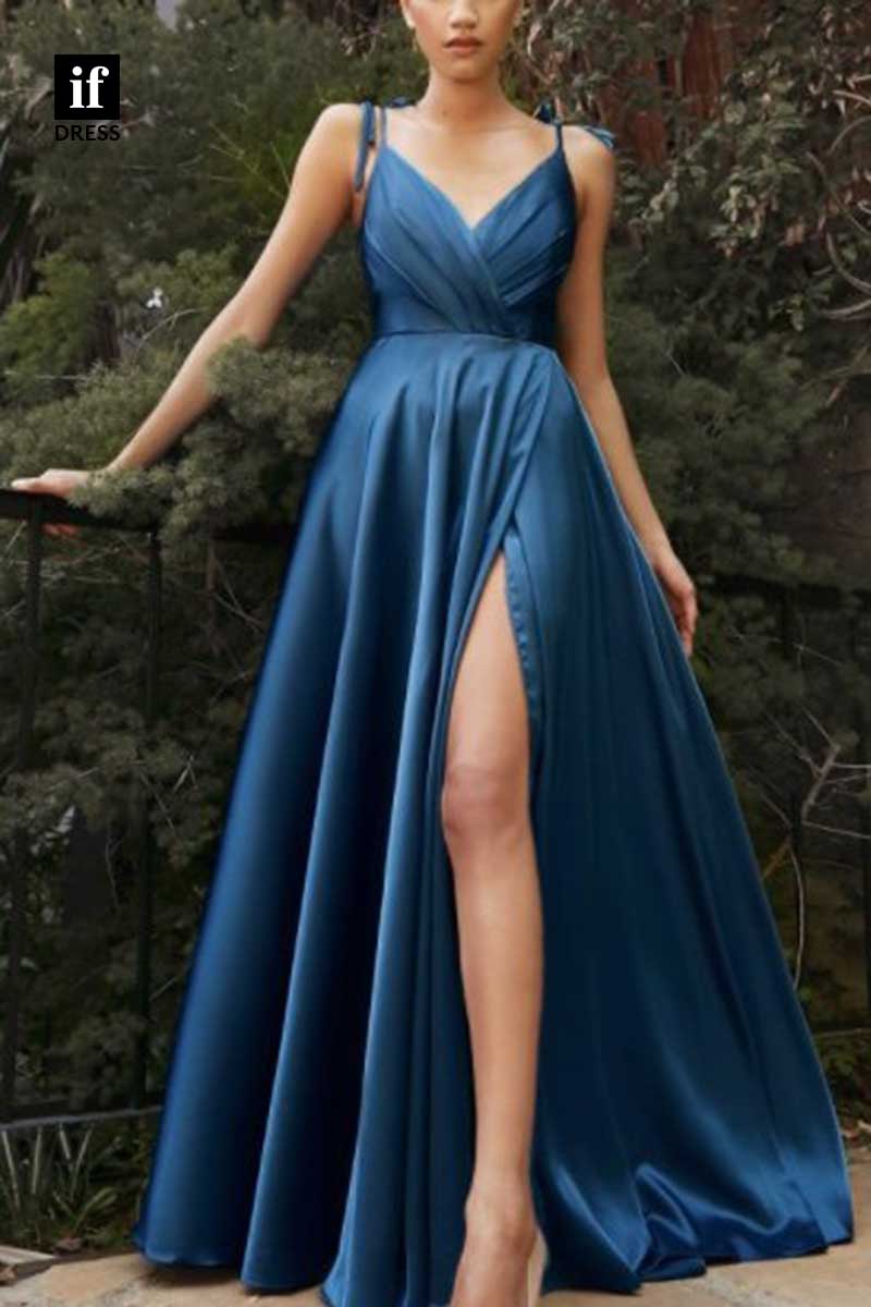 31927 - Chic V-Neck A-Line Ruched High Slit Prom Evening Bridesmaid Gown