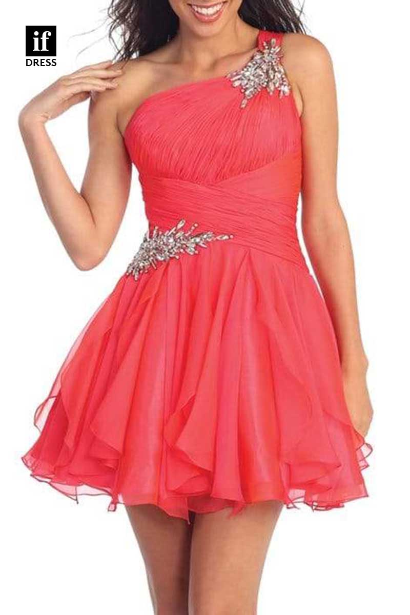 F1268 - Unique One Shoulder Ruched Beads A-Line Party Graduation Dress