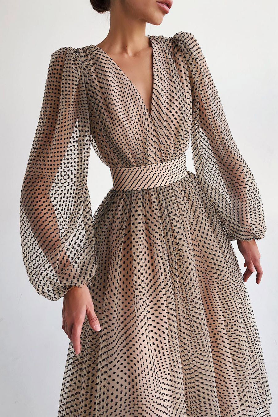 Full Length Long Sleeve Polka Dot Evening Dress