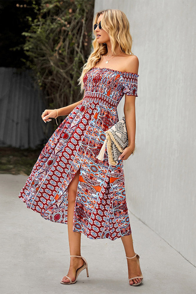 Green Print Boho Off Shoulder Midi Dress