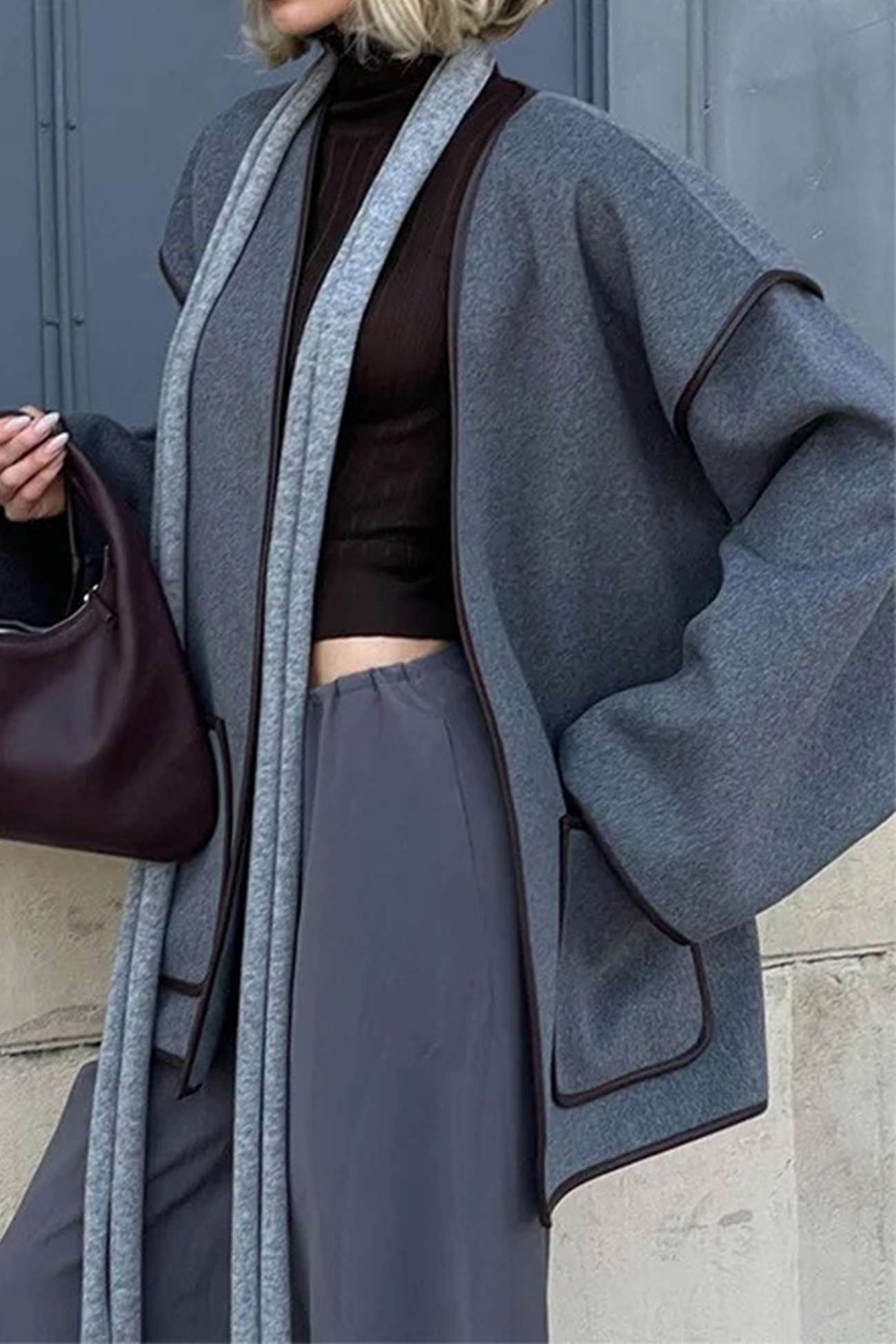 Grey Pocket Belt Blanket Coat