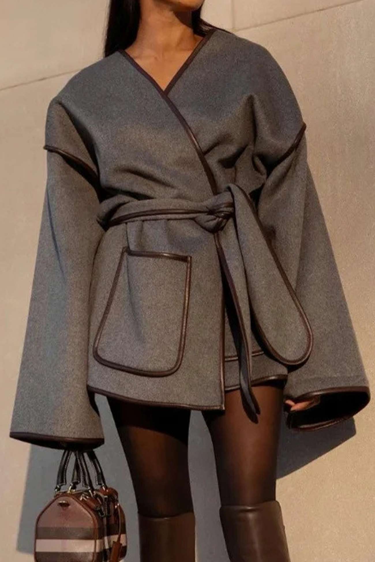 Grey Pocket Belt Blanket Coat