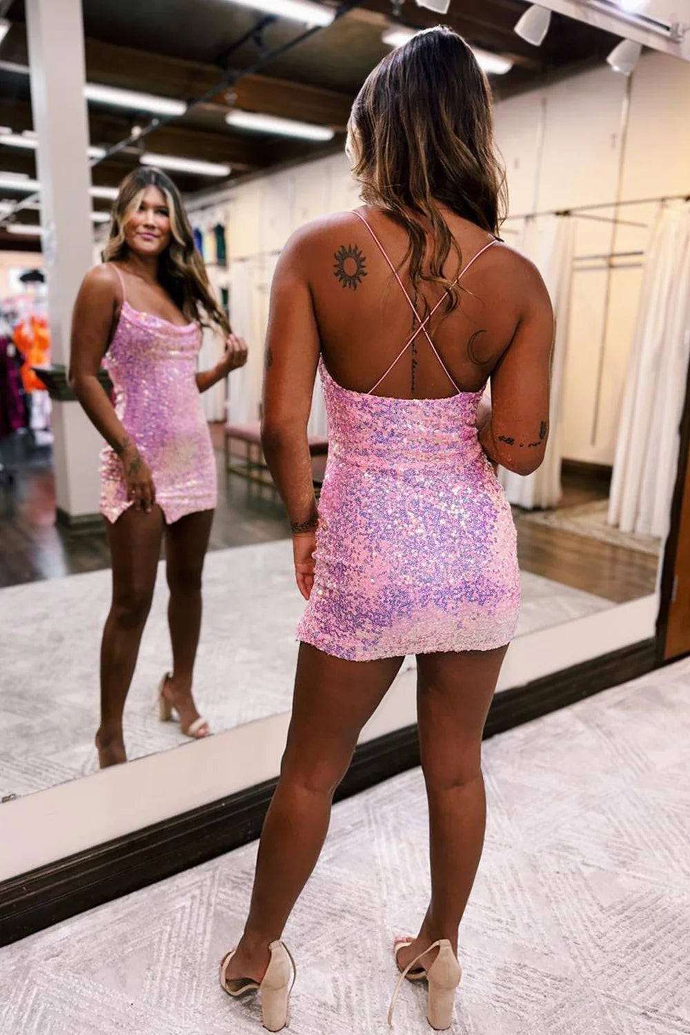 Pink Homecoming Dress Tight Short Sequin Prom Dress with Slit