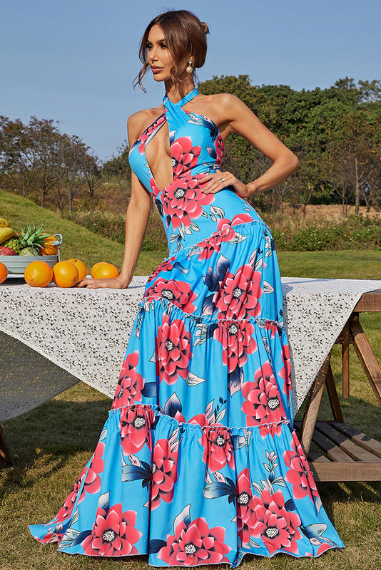 Halter A-Line Print Maxi Dresses