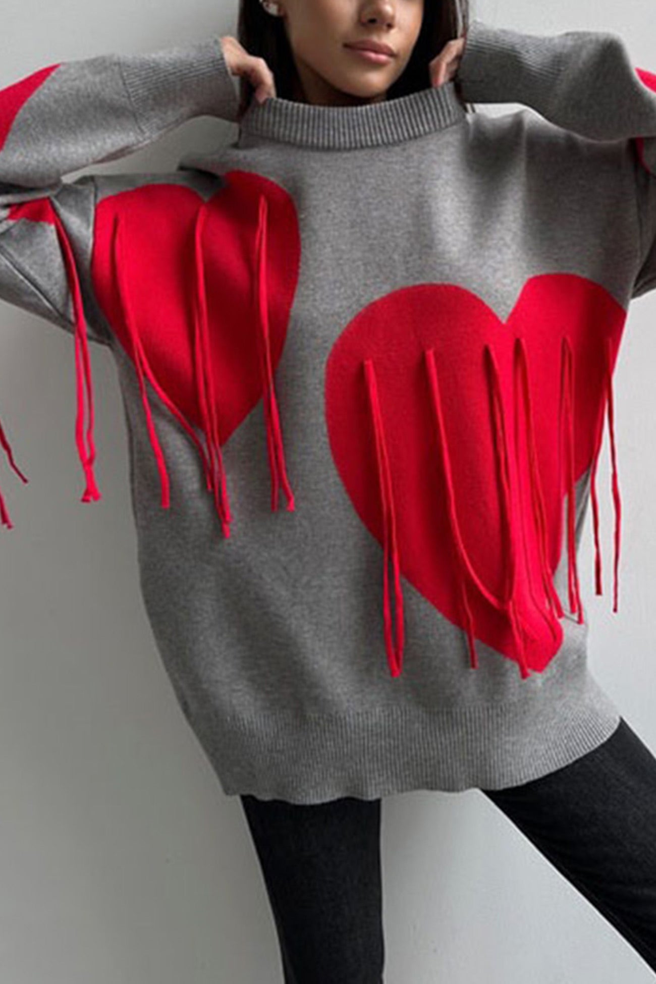 Heart Graphic Fringe Sweater