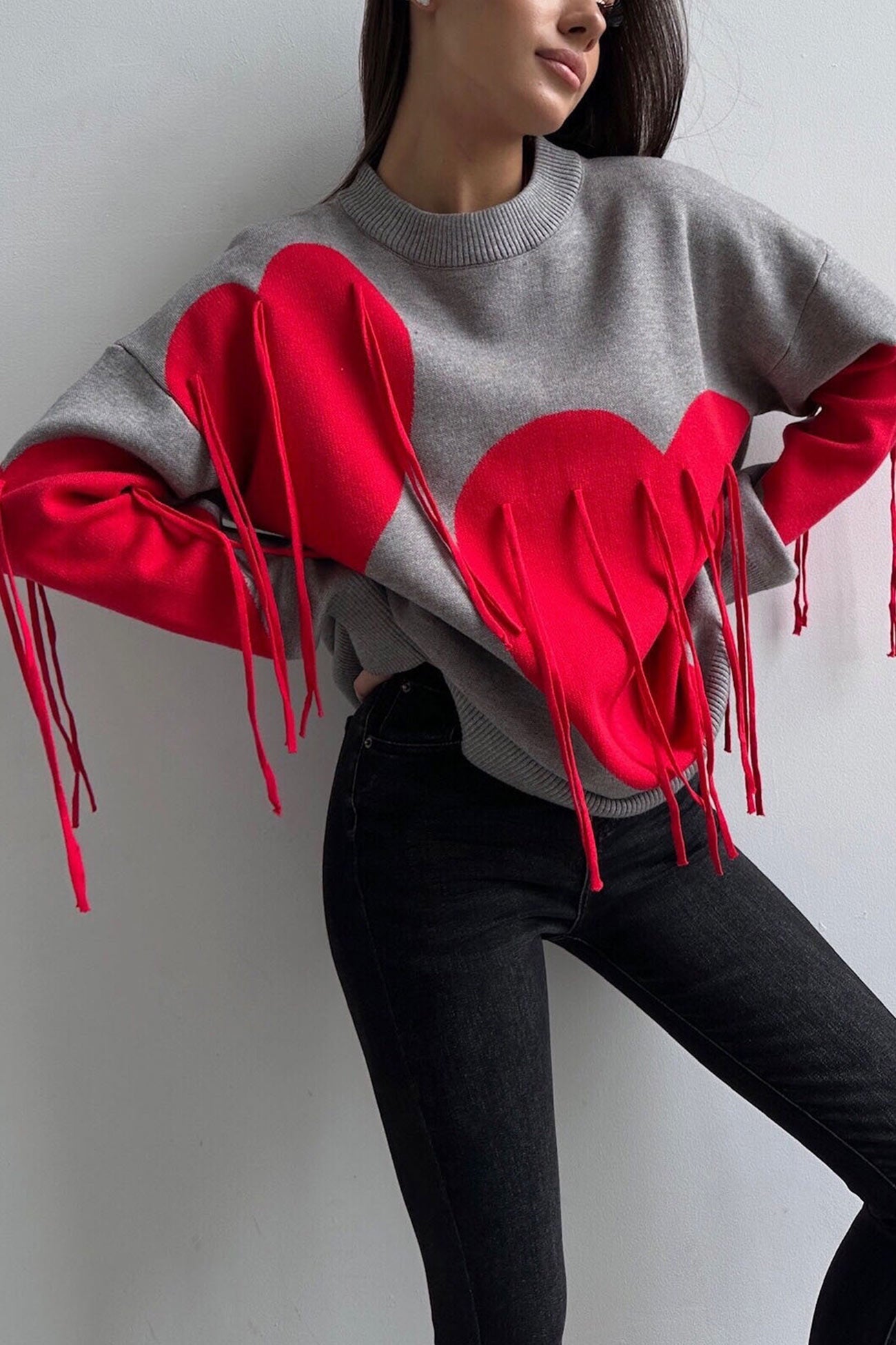 Heart Graphic Fringe Sweater