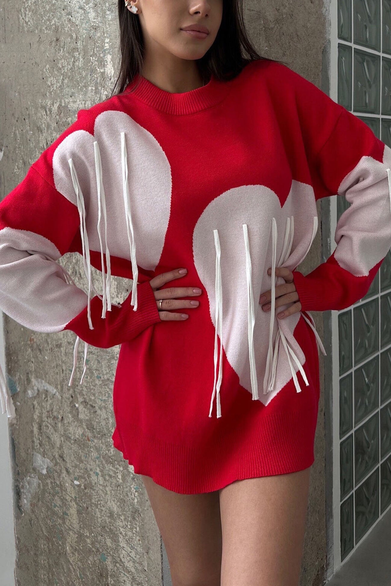 Heart Graphic Fringe Sweater