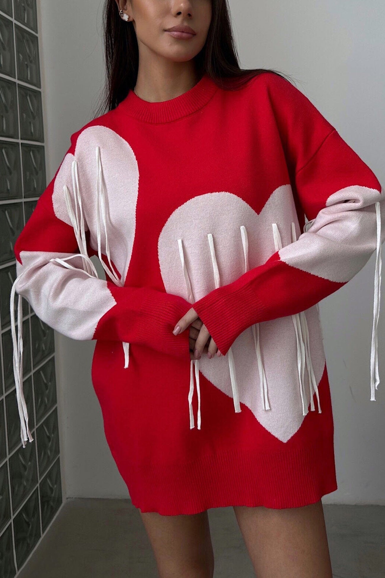 Heart Graphic Fringe Sweater