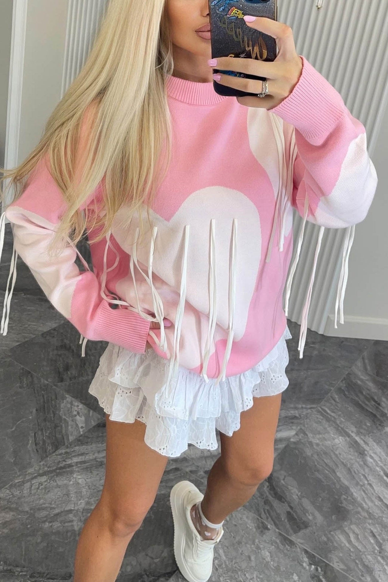 Heart Graphic Fringe Sweater