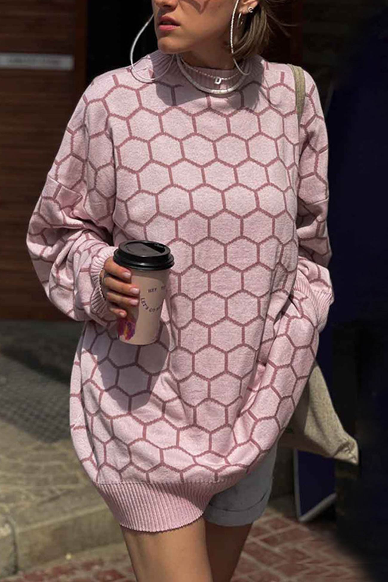 Honeycomb Print Pullover Sweater