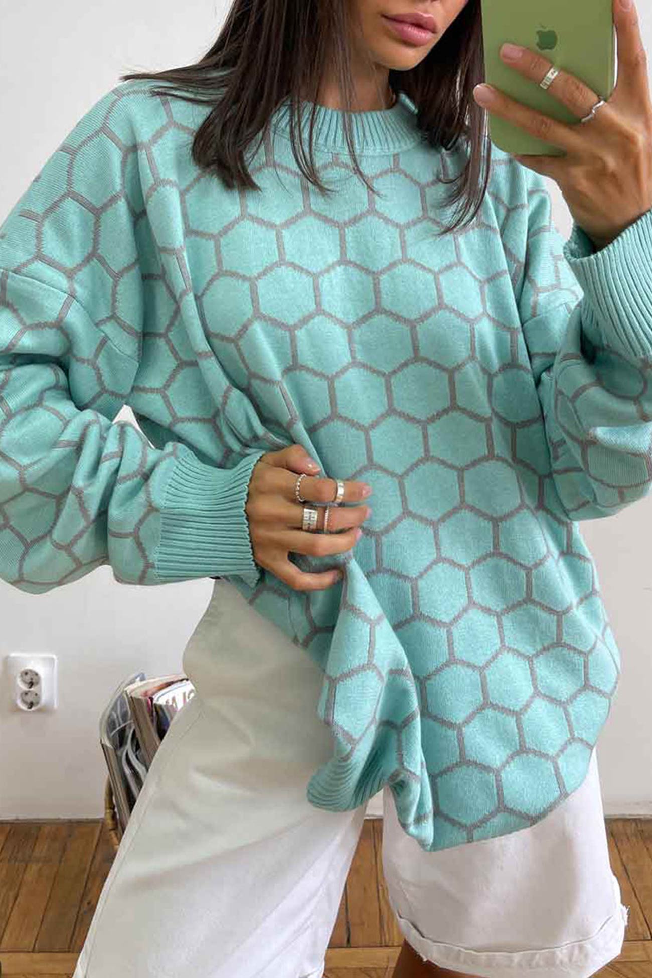 Honeycomb Print Pullover Sweater